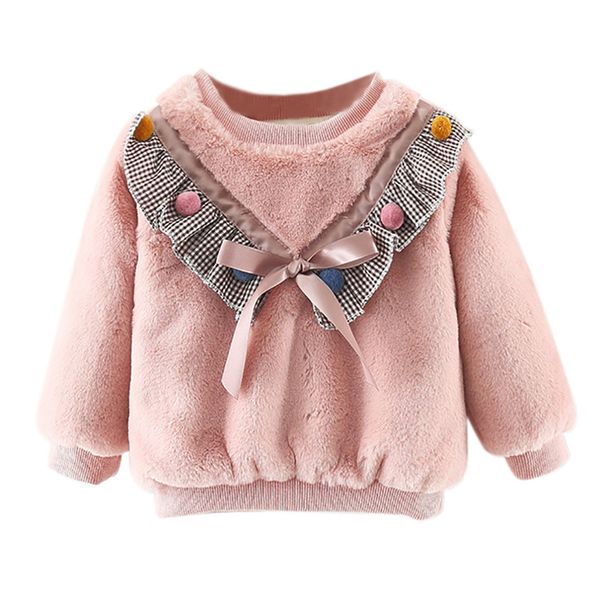 

toddler baby girls sweatshirt coats princess bow plaid lace edge thickening plush outwear infant kids clothing 0-24m a20, Blue;gray