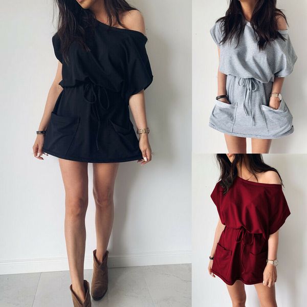 

women dress summer beach casual mini dress short sleeve solid high waist sundress off shoulder pocket vestidos, Black;gray