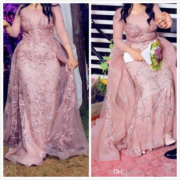 

2020 arabic aso ebi muslim pink lace beaded evening dresses long sleeves sheath prom dresses formal party gowns robes de soiree, Black;red