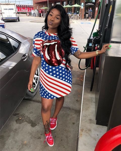 

Print Big Mouth Designer Dresses Sexy Crew Neck Short Sleeve Womens Dresses Slim Womens Clothing