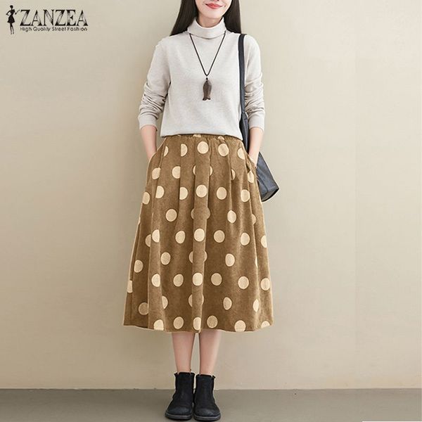 

women's polka dot printed skirts zanzea elegant summer midi sundress casual high waist vestido female zipper robe skirt oversize, Black