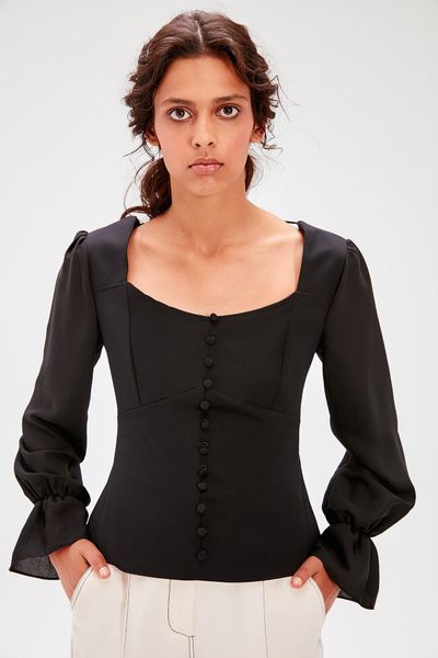 

trendyol black sleeve detail bluz twoaw20bz0042, White