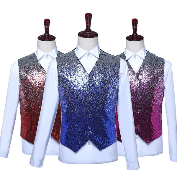 

fashion 2019 new mens clothing singer men's vest gradient sequins bright tablets stage performance blue red men waistcoat vests, Black;white