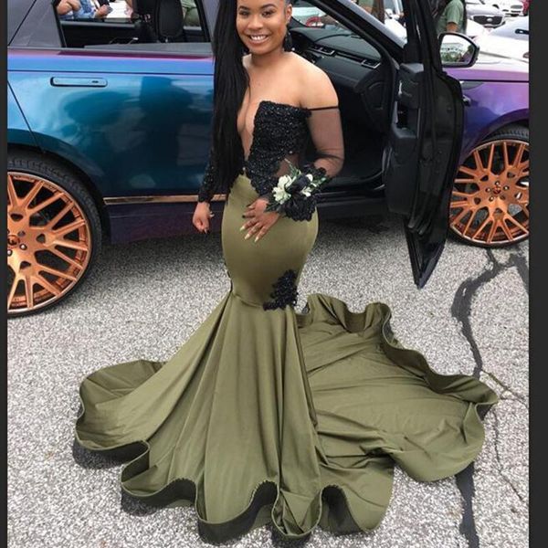 

olive black long mermaid prom dresses 2020 off the shoulder long sleeve applique sweep strain formal evening dress party gowns abendkleid