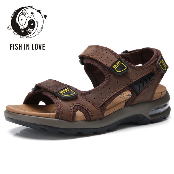 

men genuine leather sandals large size men beach sandals fashion air cushion breathable shoes, Black
