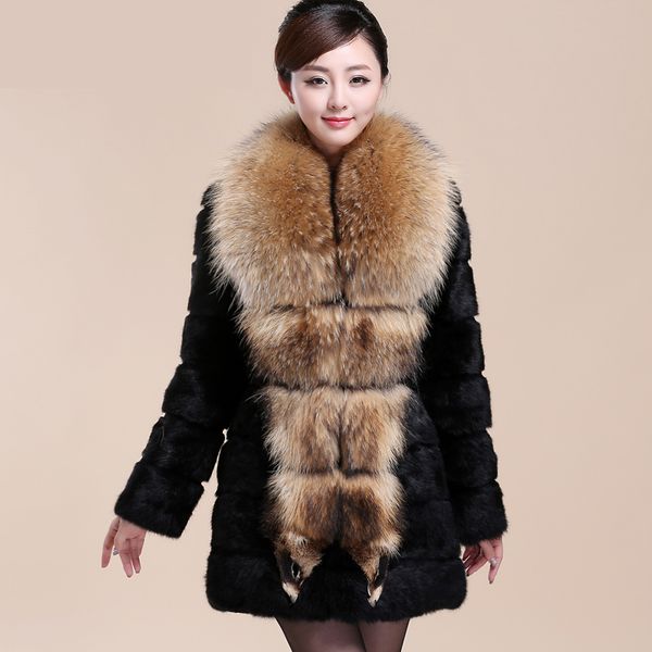 

large natural raccoon fur collar coat outerwear women long whole skin real fur jacket new 2018 winter special offer, Black