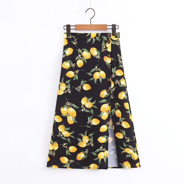 

high waist split midi skirts women button fruit print casual chic summer line skirt high fashion boho skirt, Black