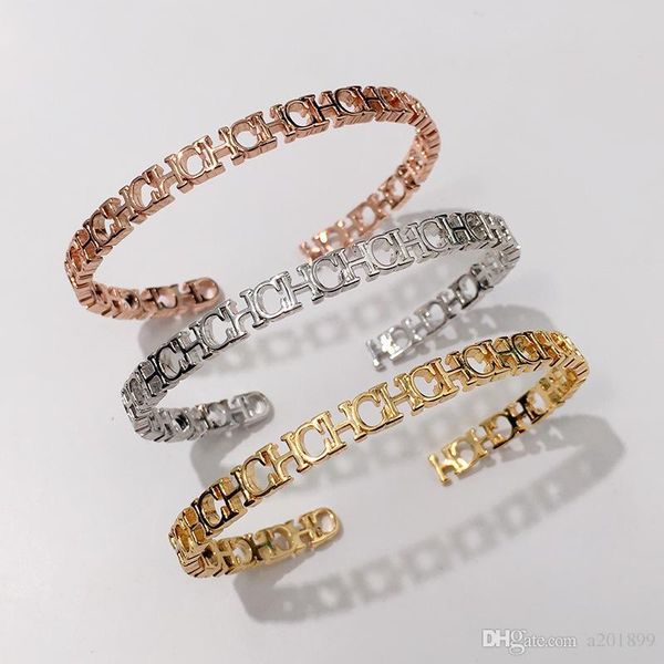 

fashion ch letter bracelet skeleton bracelet titanium steel plated 18k rose gold opening jewelry, Black