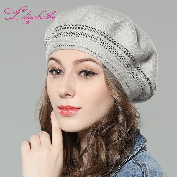 

liliyabaihe new women's winter hat wool knitted berets, hats with surrounding diamond decoration fashionable solid color hat, Blue;gray