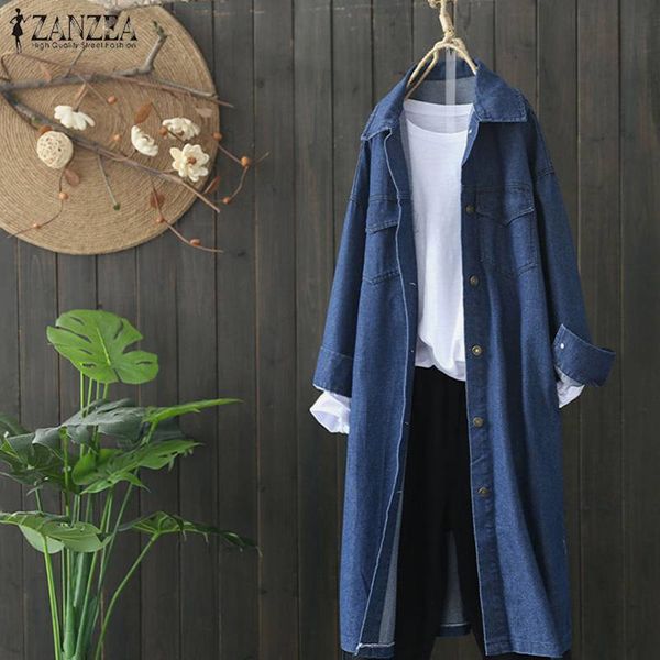 

2018 zanzea autumn vintage denim style windbreaker women lapel neck long sleeve loose solid long jackets casual button down coat, Black;brown