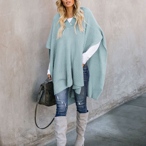 

sweater women fashion casual all-match autumn winter cloak shirt knit long seeve loose irregular cape sweater, Black