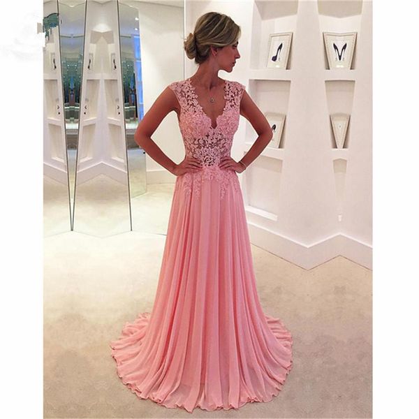 

2018 blush pink evening dresses long deep v-neck chiffon floor length appliques see though formal evening party dress for women, White;black