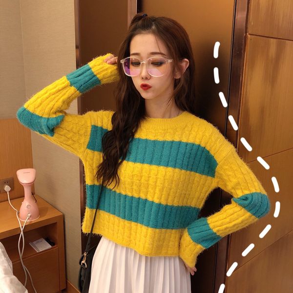 

sweaters fashion women preppy style autumn o-neck short long sleeve pullovers striped new women's clothing ladies hot, White;black