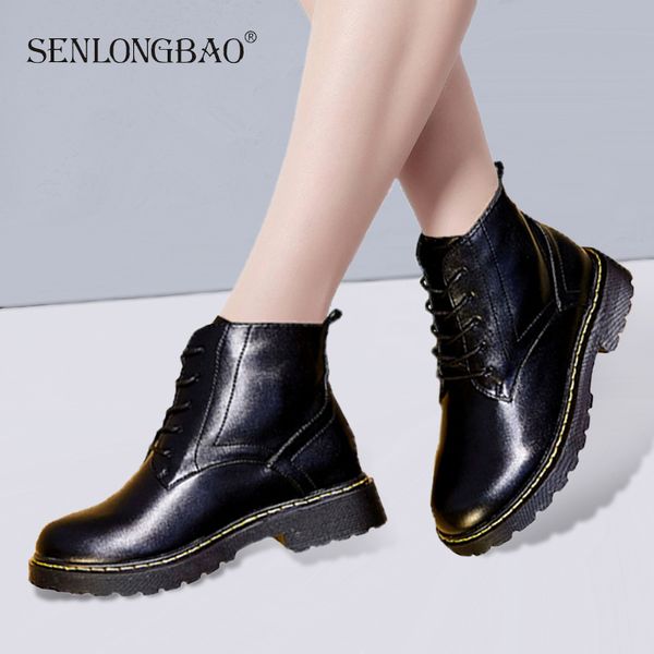 

women autumn winter lace-up boots non-slip warm boots fashion bullock real leather comfortable work, Black