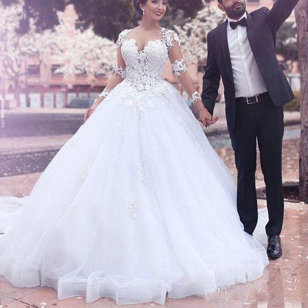 

2019 Long Sleeves Wedding Dresses Sheer Neck Lace Appliques Bridal Wedding Gowns Custom Made Plus Size Wedding Party Dresses