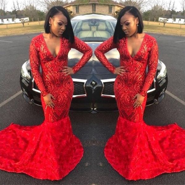 

2020 black girls сатин 3d цветы вечерние платья african длинные рукава развертки поезд платья выпускного вечера маскарад bc3423, Black;red