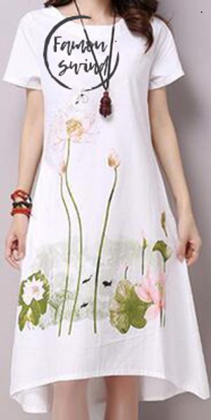 

dress summer plus size short sleeve white women dress cotton linen dress printing o neck casual vestidos festa designer clothes, Black;gray