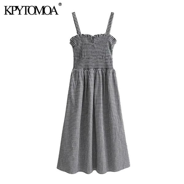 

casual dresses kpytomoa women 2021 sweet fashion plaid smocked midi dress vintage backless ruffled straps female chic vestidos mujer, Black;gray