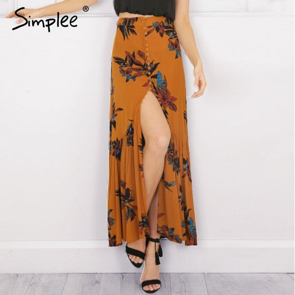 

high waist boho print long skirt women split maxi skirt floral print beach female chic vintage 2017 summer, Black