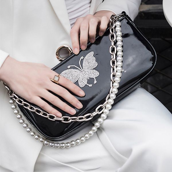 

fashion women handbags baguette female patent leather messenger shoulder bags new chain butterfly zipper female pearl cute bags
