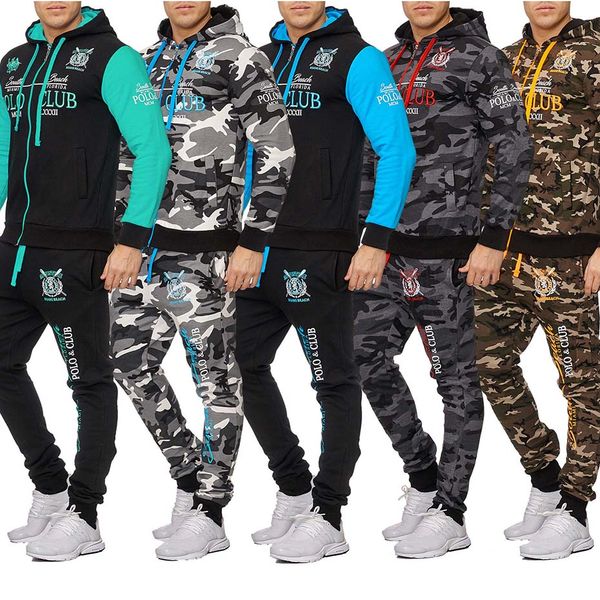 

zogaa new camouflage printed men set causal patchwork jacket men 2pcs tracksuit sportswear hoodies sweatshirt pants jogger suit, Gray