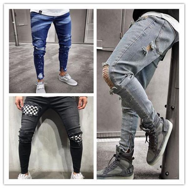 

мужские дизайнерские джинсы колено дыры моды hiphop мужские джинсы street скейтборд джинсовой карандаш штаны, Blue