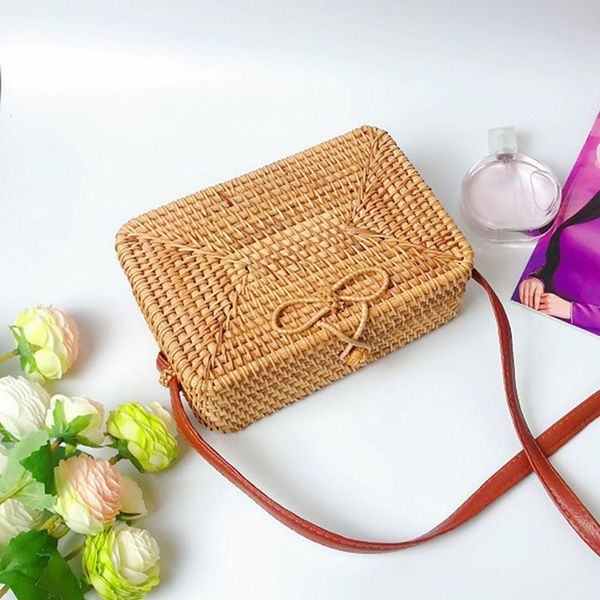 

fashion women circle handwoven bali rectangle retro rattan straw beach bag crossbody shoulder bags handbag messenger bag