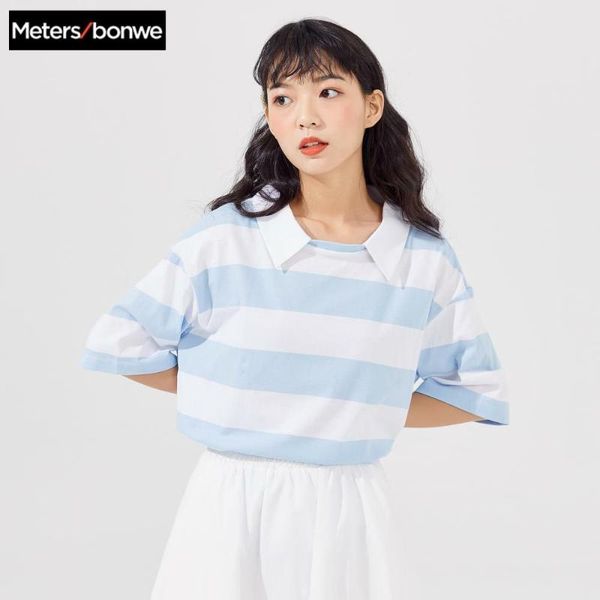 

metersbonwe 2020 summer for cotton collar polos constrast color short sleeve loose striped women 633406, White