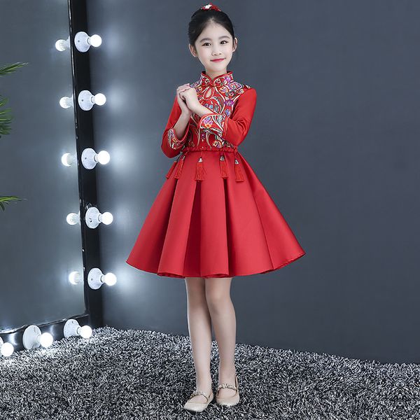 

chinese new year dress for girls children long sleeve flower girl princess cheongsam red winter qipao modern party dresses