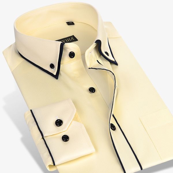 Çift Yaka Tasarım Katı Uzun Kollu Erkekler Elbise Gömlek Slim Fit Düğme-Aşağı Beyaz Ofis Akıllı Rahat Erkek İş Gömlek