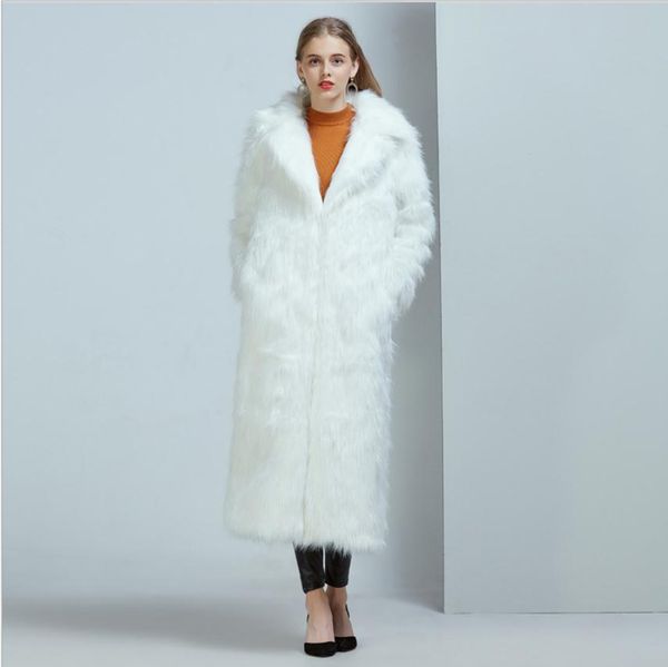 

women's fake fur long section fluffy jackets fashion turn down collar female street slim faux fur outwears m/3xl k1163, Black