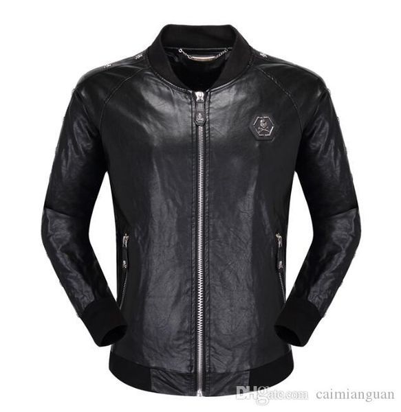 

brand men's pu faux leather jackets coats skull heads outerwear winter slim for man zipper us dollar designer #667, Black