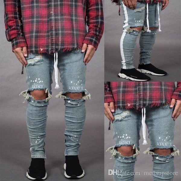 

мужские джинсы дыры 19ss весна лето рваные полосатые брюки мужские брюки тощий молнии дизайнерские брюки, Blue