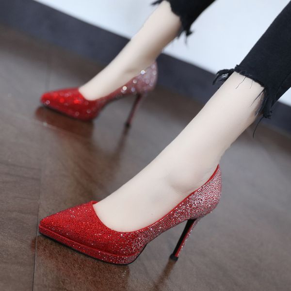 

2019 selling autumn women shoes waterproof platform thin high heels pointed toe pumps gradient corlor water drill wedding, Black