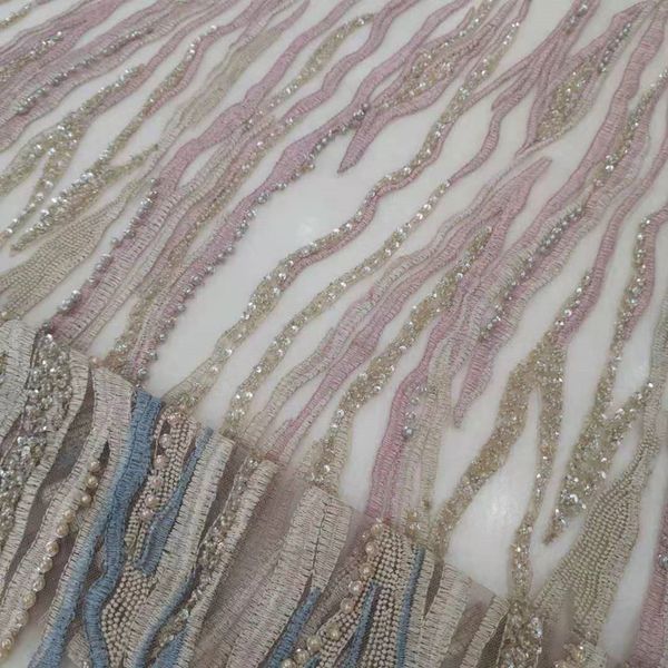 

handmade beaded french mesh african lace nigerian fabric for ladies evening dress wedd, Pink;blue