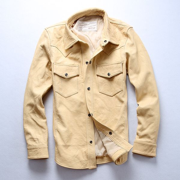 

avfly men's sheepskin casual leather shirts vintage wash genuine leather shirt men slim fit skinny jacket male beige, Black