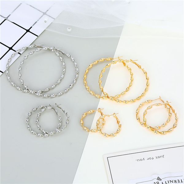 

1pair punk fashion big large circle hoop earrings female womens european geometric twisted round earings for women party e361, Golden;silver