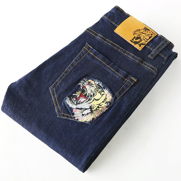 

mens designer featured embroidered jeans straight stretch fashion casual long pants men, Blue