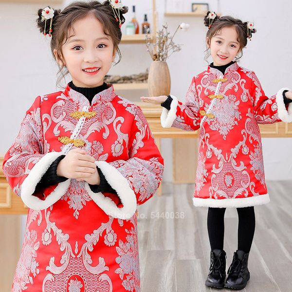 

chinese traditional ancient princess cheongsam dress for kids baby girl new year floral embroidery faux fur zipper red clothing, Blue