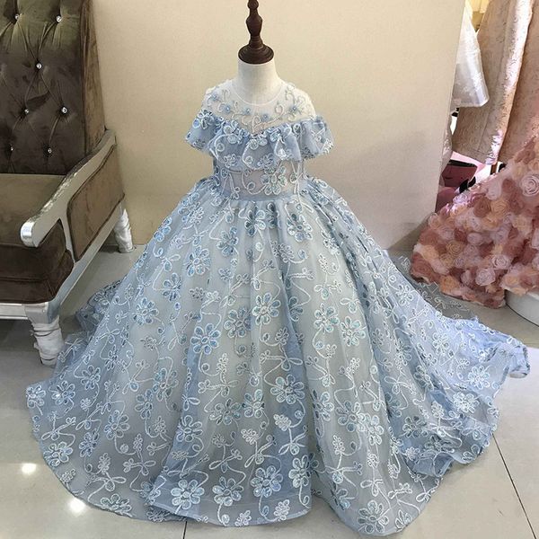 Luxo azul princesa flores meninas vestidos para casamento manga comprida apliques beads vestido de esfera crianças vestidos de pageant primeiro vestido de comunhão sagrado