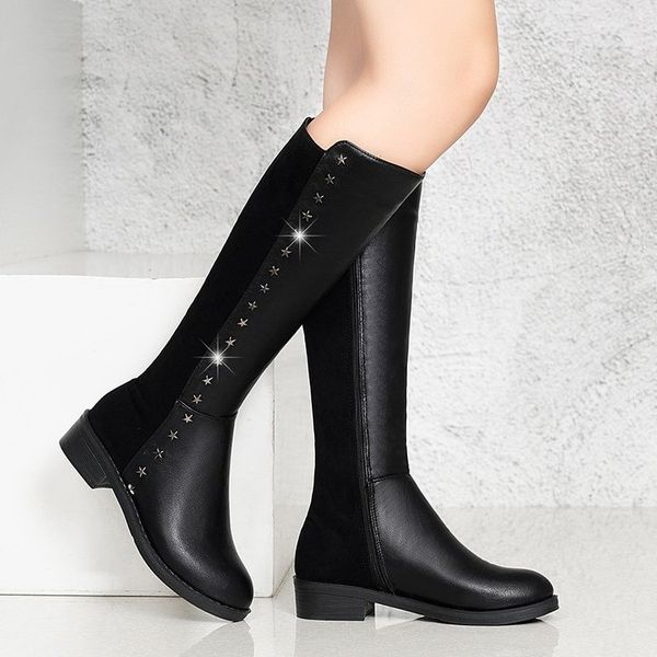 

winter women snow boots knee-high pu leather boots casual low heels women shoes zipper comfortable warm mujer, Black