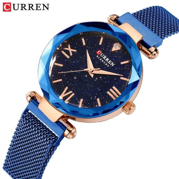 

curren luxury women watches with romantic starry sky dial fashion stainless steel mesh wristwatch ladies bracelet watch gift, Slivery;brown