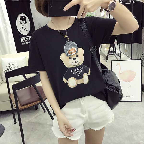 

4050 # [photo shoot] 6535 хлопок левый черный и белый с узором 2020 лето новый стиль аппликация медведь с коротким рукавом футболки wome, White