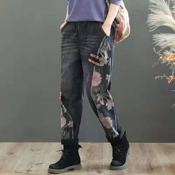 

straight tube jeans women's slightly fat large loose retro style plate buckle color matching elastic waist harun cotton pants, Blue