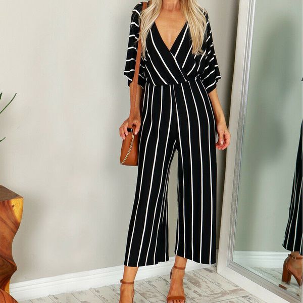 

fashion women short sleeve striped loose baggy trousers overalls pants v- neck romper jumpsuit wide leg pants long trousers, Black;white