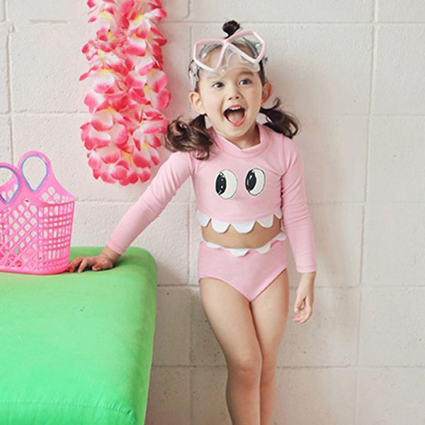 

2019 cartoon print girls one piece swimsuit children patchwork swimwear kids baby mini long sleeves swim suit toddler beachwear, White;black