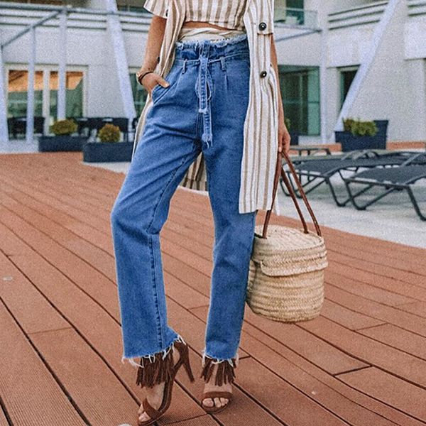 

джинсы женские плюс размер высокой талией длинные прямые джинсы отделка тонкие джинсовые узкие брюки ремень брюки случайные летние брюки # e, Blue