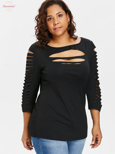 

plus size women ladder keyhole cut front ripped t shirt women t shirt three quarter sleeve o neck casual ladies 5xl, White