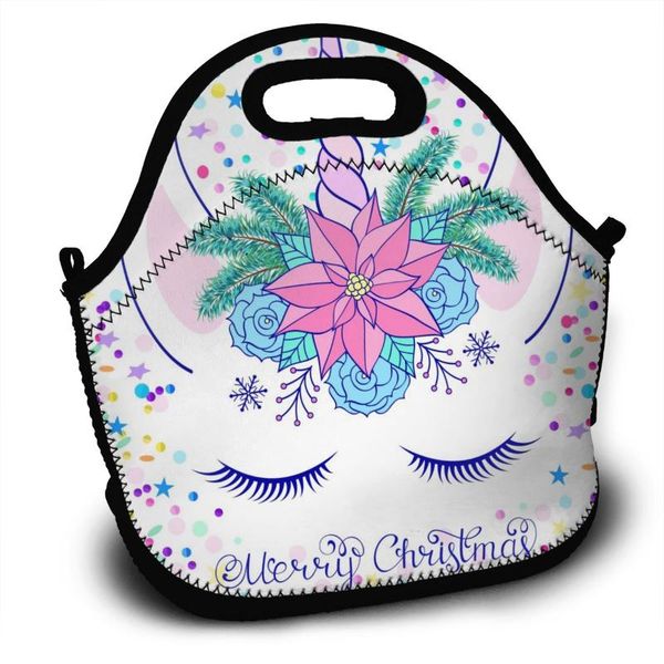 

portable lunch bag unicorn head with floral wreath confetti women reusable lunch bags for work pinic travel 2020 casual handbags, Blue;pink