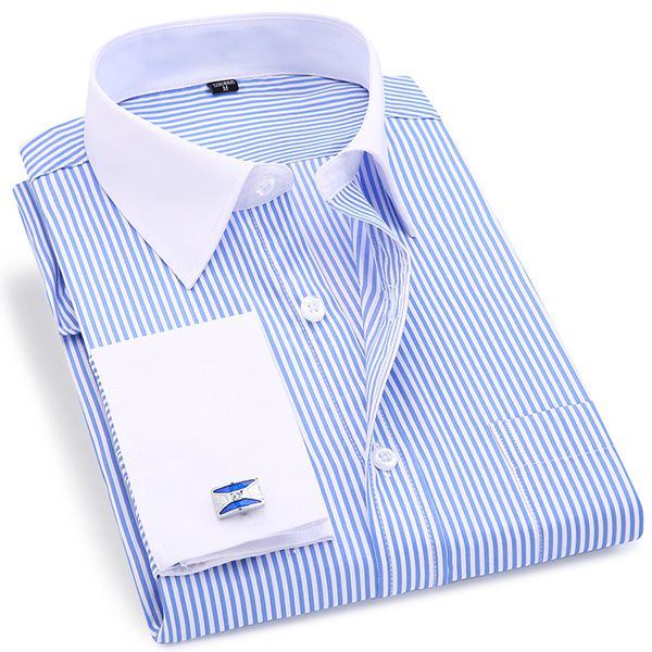 

french cufflinks men shirt long sleeve casual slim fit 6xl 5xl 4xl large size striped shirt men french cuff mens dress shirts, White;black